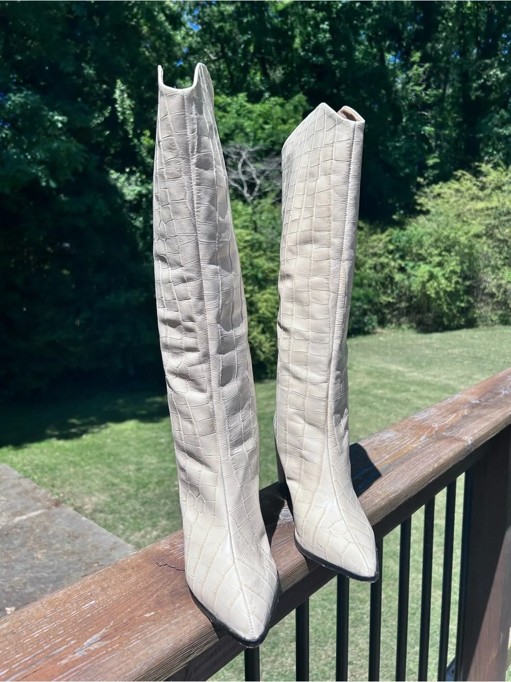 Schutz Maryana Cream Croc-Embossed Block Heel Knee Boot 7